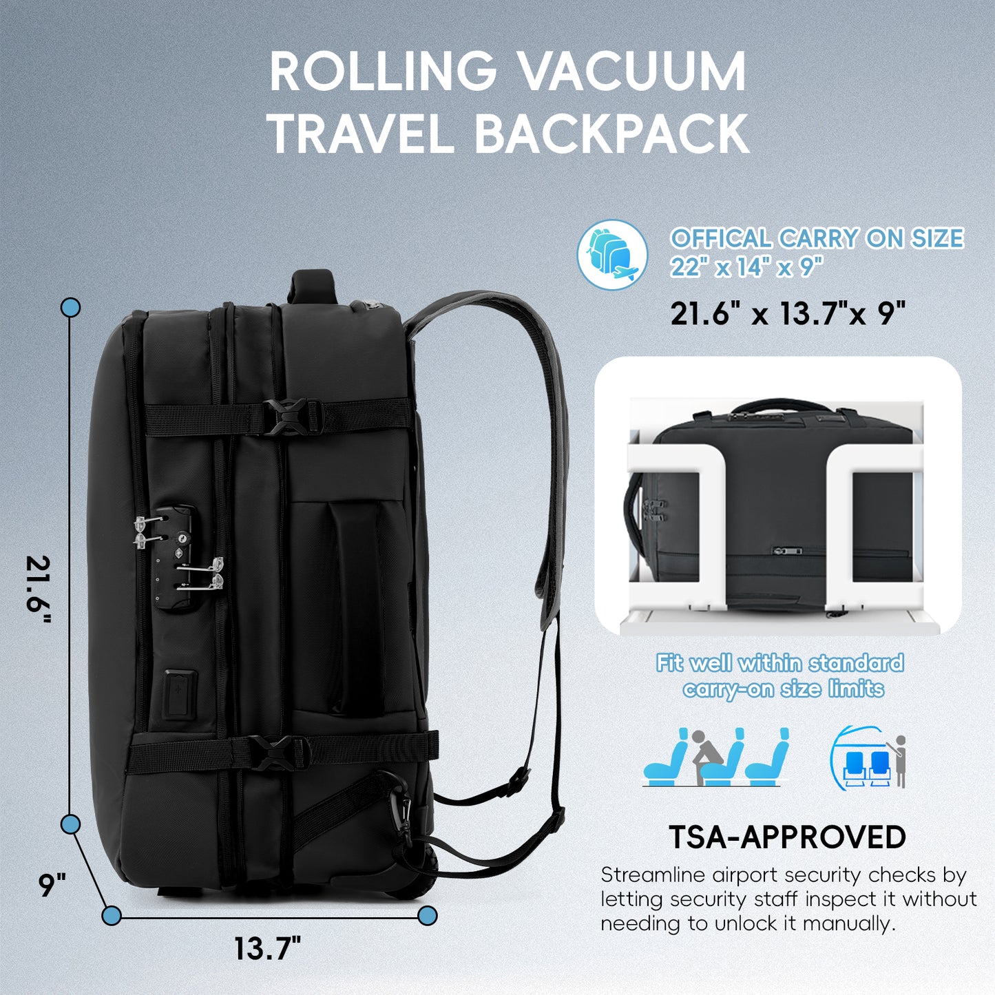 Fegat Rolling Vacuum Travel Backpack, 70L Expandable Compression Bag with Vacuum Pump,TSA Lock,Waterproof Carry on Luggage Vacuum Seal Backpacks Flight Approved for Travel Business Casual