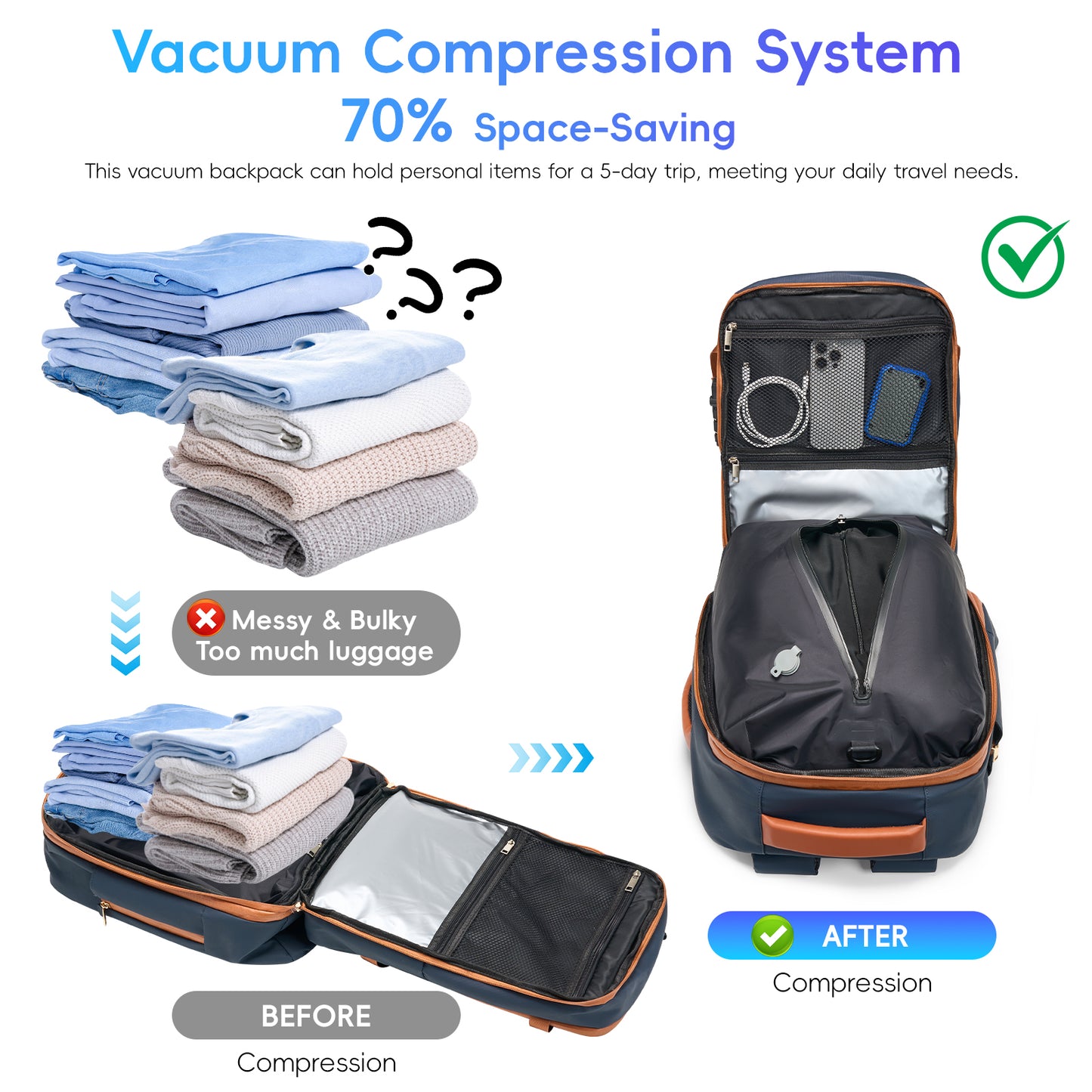 Fegat Rolling Vacuum Travel Backpack, 70L Expandable Compression Bag with Vacuum Pump,TSA Lock,Waterproof Carry on Luggage Vacuum Seal Backpacks Flight Approved for Travel Business Casual