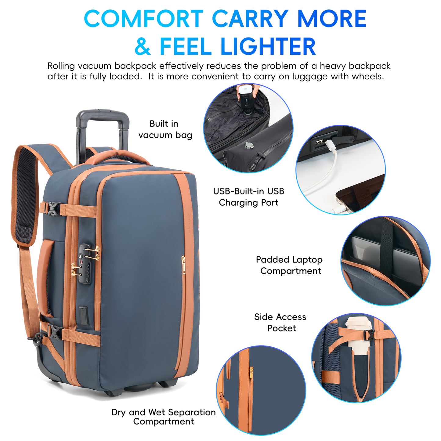 Fegat Rolling Vacuum Travel Backpack, 70L Expandable Compression Bag with Vacuum Pump,TSA Lock,Waterproof Carry on Luggage Vacuum Seal Backpacks Flight Approved for Travel Business Casual