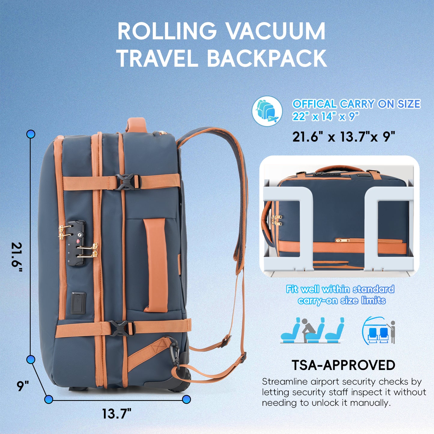 Fegat Rolling Vacuum Travel Backpack, 70L Expandable Compression Bag with Vacuum Pump,TSA Lock,Waterproof Carry on Luggage Vacuum Seal Backpacks Flight Approved for Travel Business Casual