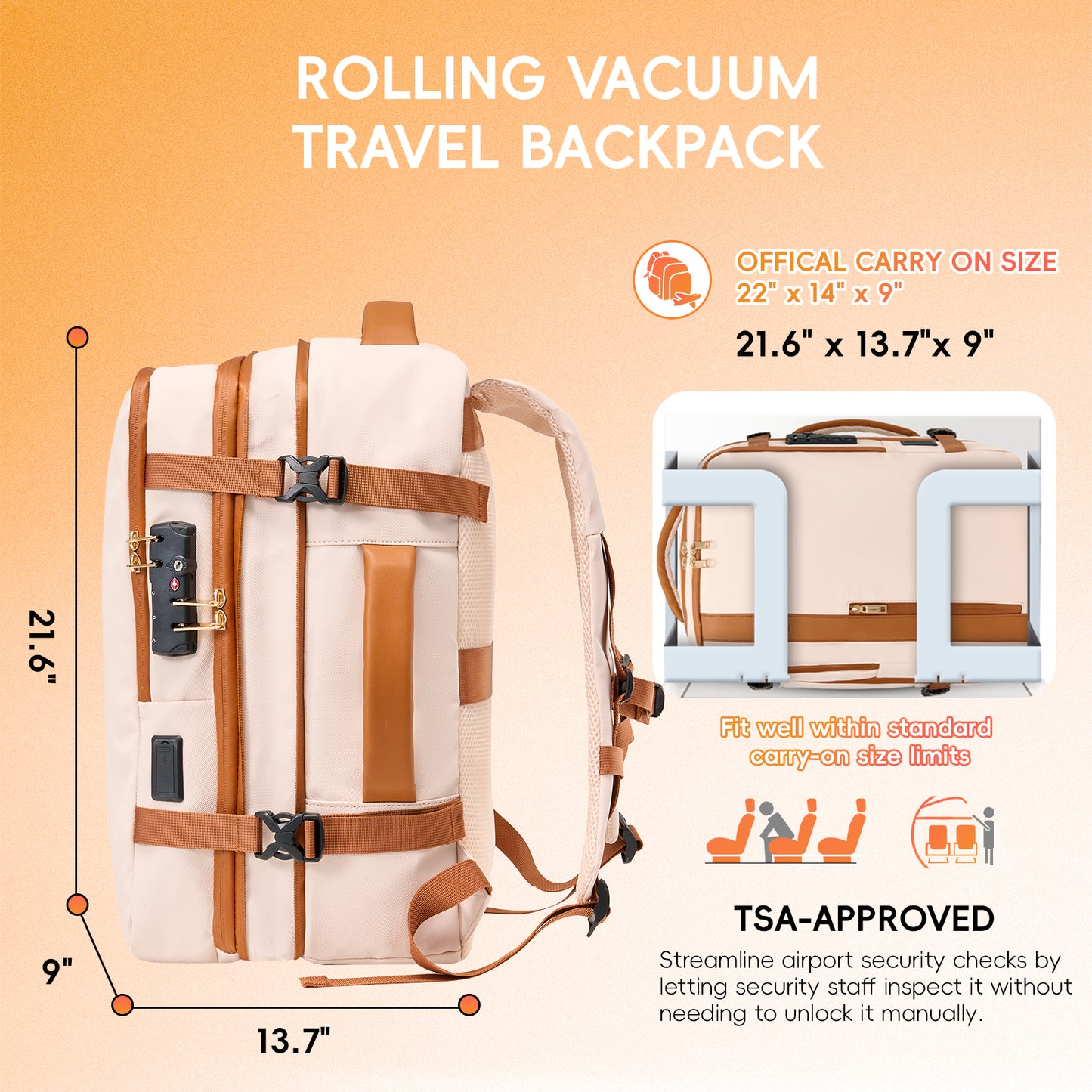 Fegat Rolling Vacuum Travel Backpack, 70L Expandable Compression Bag with Vacuum Pump,TSA Lock,Waterproof Carry on Luggage Vacuum Seal Backpacks Flight Approved for Travel Business Casual