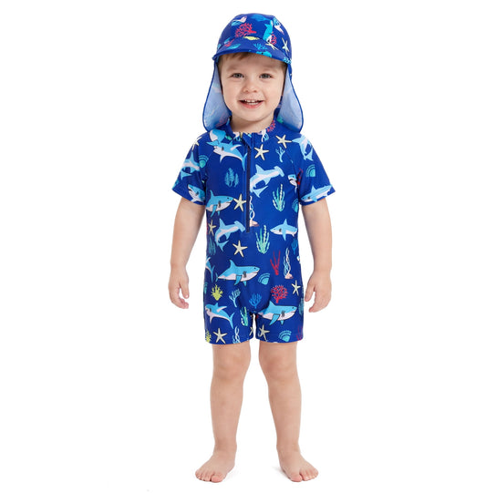 Baby Bathing Suit UPF 50+ Sun Protection One Piece Zipper with Sun Hat Infant Beach Swimwear Boys Bathing Suit
