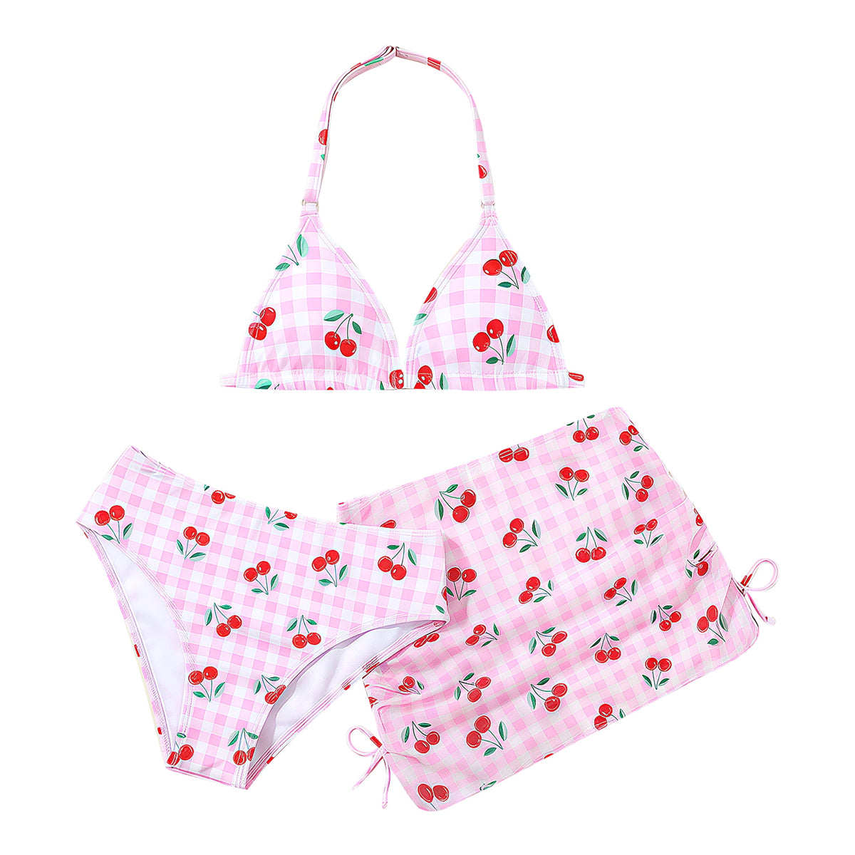 Girls Swimsuits with Cover Up Skirt 3 Piece Halter Triangle Bathing Suits Bikini Set for Size 5-13