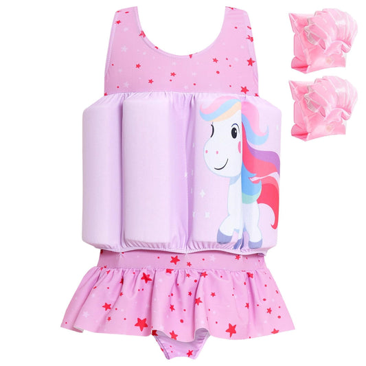 Koorium Baby Girls Flotation Swimsuit with Detachable Arm Floaties ¨C UPF 50+ Quick-Dry One-Piece Toddler Swim Vest, Swimwear with Floatation for Pool & Beach
