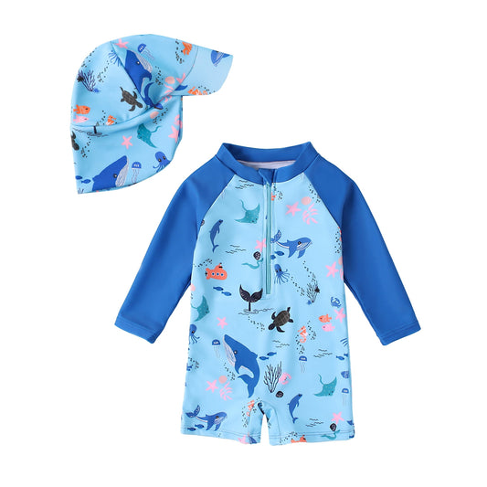 Baby Boy Rash Guard Swimsuit Set with Sun Hat, Long Sleeve One Piece Zipper Sunsuit for Infant Toddler 0-5T