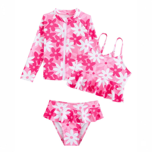 Bathing Suits for Girls with Long Sleeve Rash Guard 3PC Girls Ruffled Swimsuit Size 8 Cute Pettern