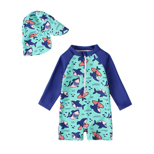 Baby Boy Rash Guard Swimsuit Set with Sun Hat, Long Sleeve One Piece Zipper Sunsuit for Infant Toddler 0-5T