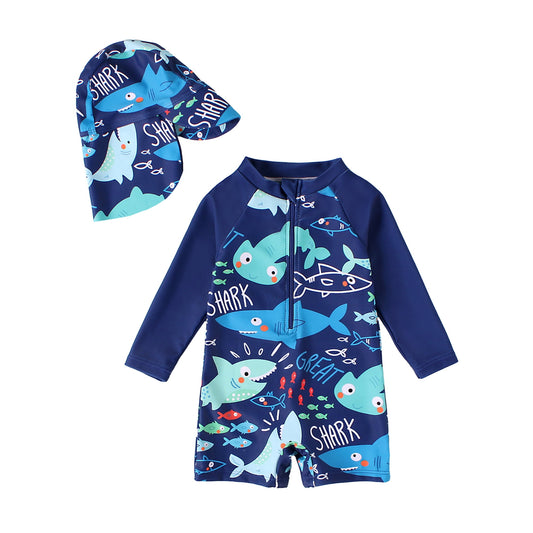 Baby Boy Rash Guard Swimsuit Set with Sun Hat, Long Sleeve One Piece Zipper Sunsuit for Infant Toddler 0-5T