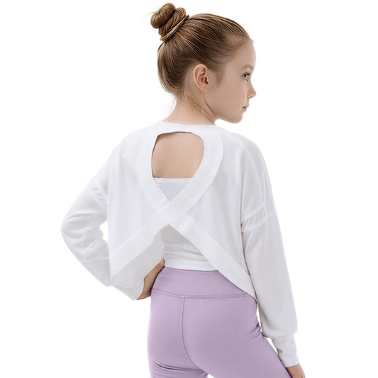 Girls Athletic Tops Long Sleeve Open Back Tops Active Sports Yoga Workout Crop Girls Shirts Size 5-6 White