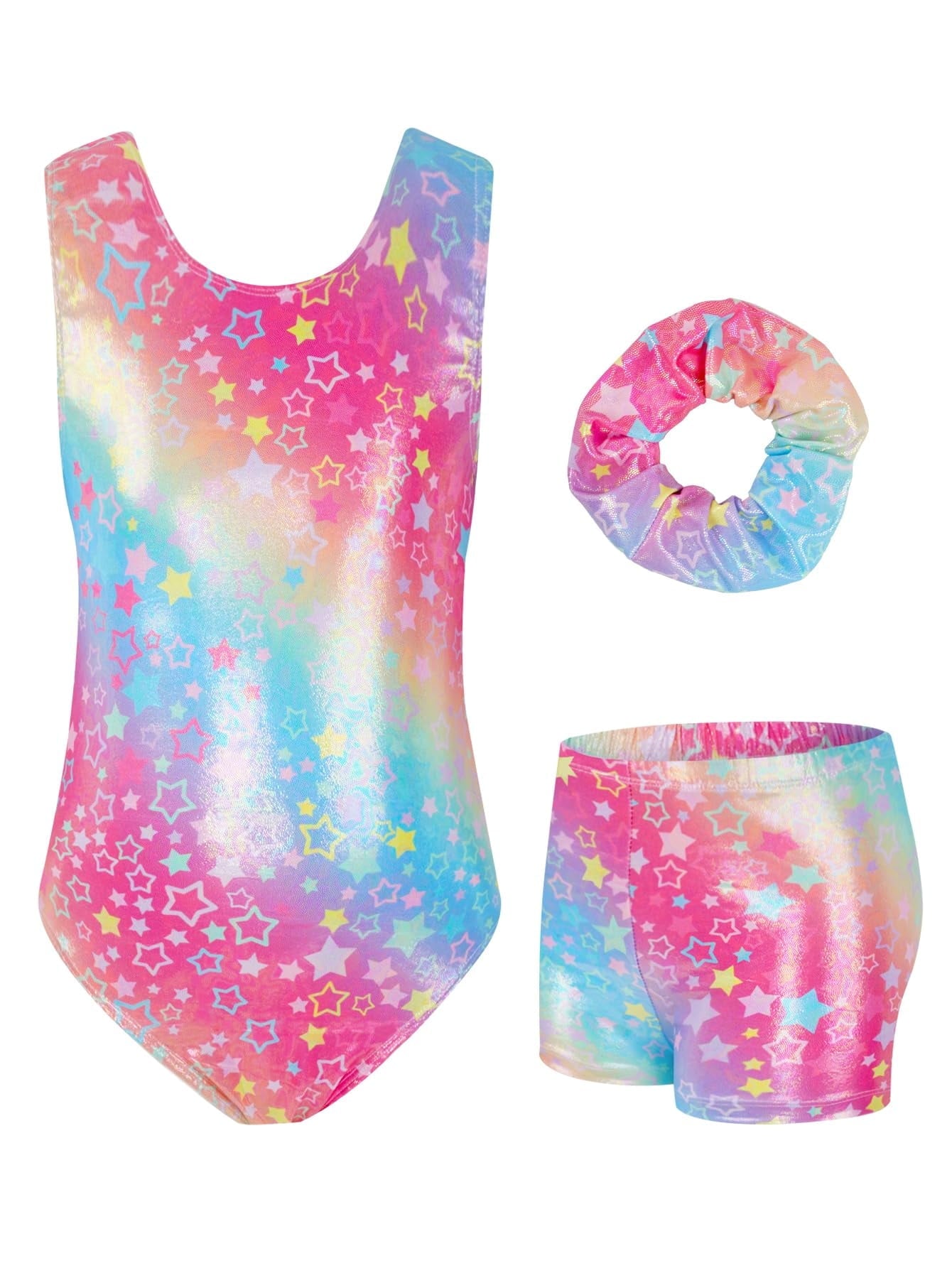Girls Gymnastics Leotards Sleeveless U Shape Neck,Sparkly Dance Unitards with Shorts and Hair Rope for 3-12 Years girls