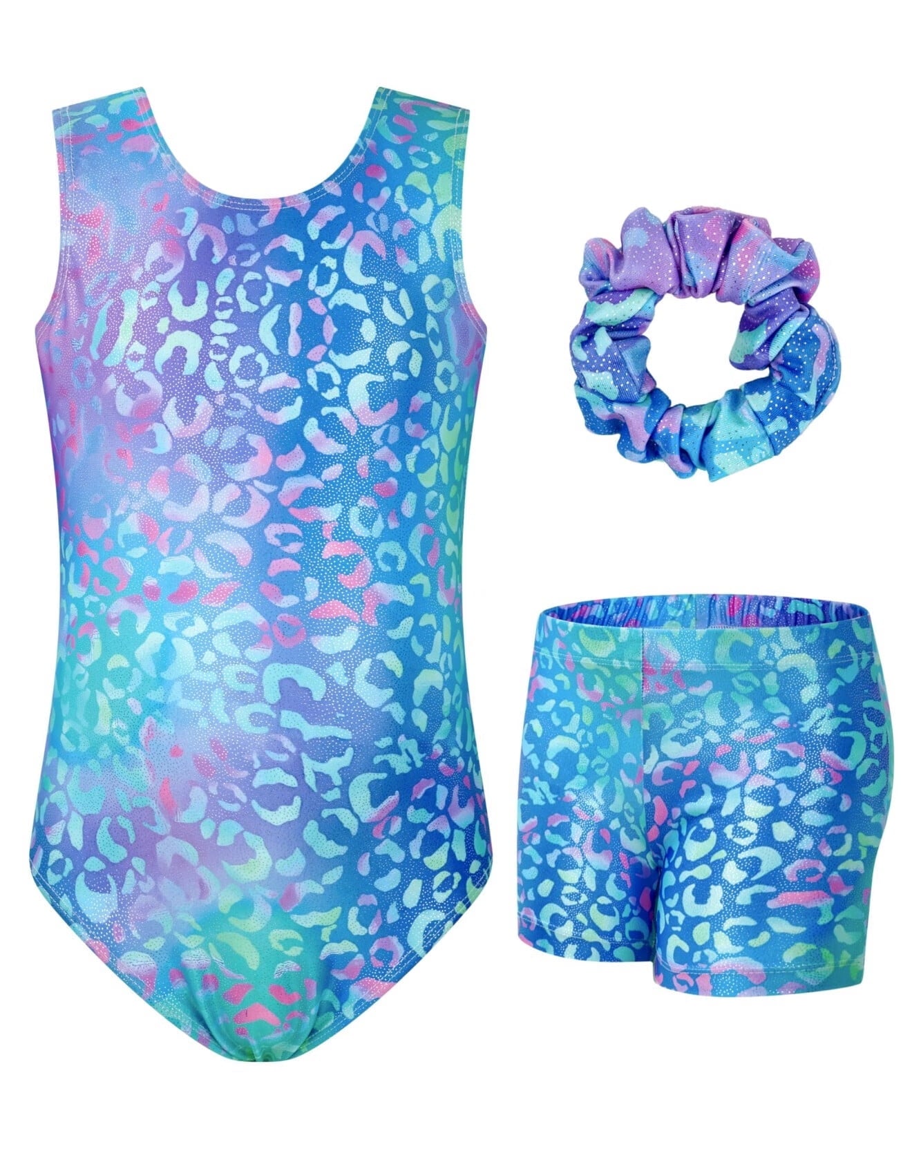 Girls Gymnastics Leotards Sleeveless U Shape Neck,Sparkly Dance Unitards with Shorts and Hair Rope for 3-12 Years girls