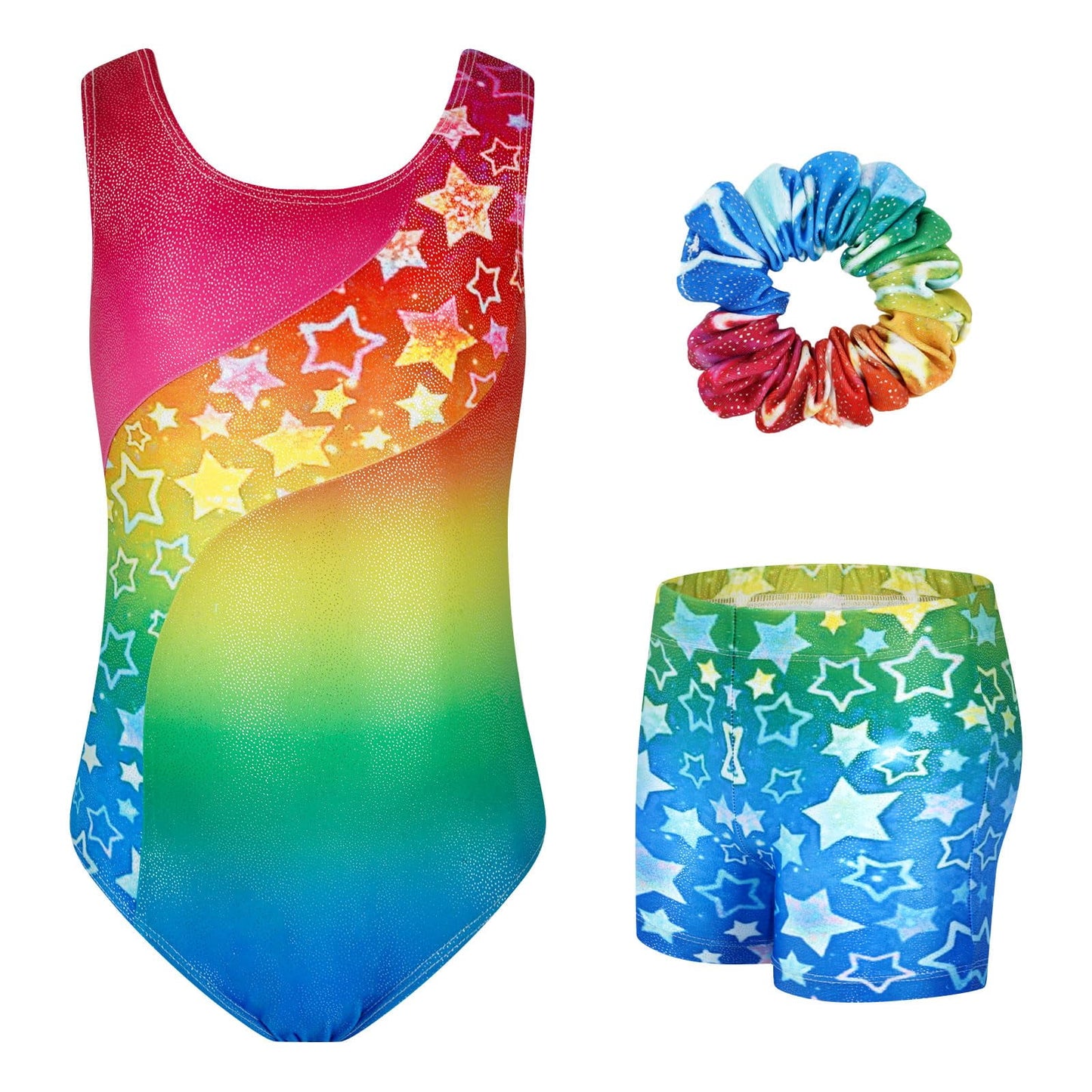 Girls Gymnastics Leotards Sleeveless U Shape Neck,Sparkly Dance Unitards with Shorts and Hair Rope for 3-12 Years girls