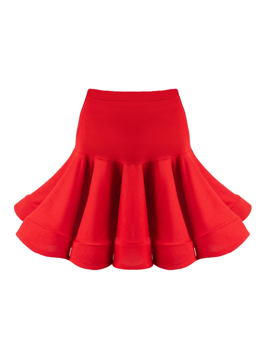 Girls Latin Dance Skirt with Built - in Shorts, Red Flared Hem Skirt for Dance Practice & Performance