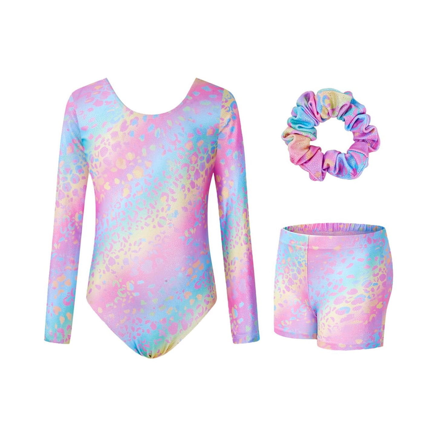 Girl Gymnastic Wear 3PC Long Sleeve Sparkly with Shorts for Tumbling Outfits Dance Gymnastics Gifts for Girls Size 3-12 Pink