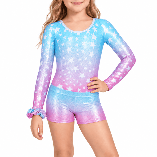 Gymnastics Leotards for Girls Cross Back,Long Sleeve Sparkly Dance Ballet Outfit with Shorts for 5-10 Years