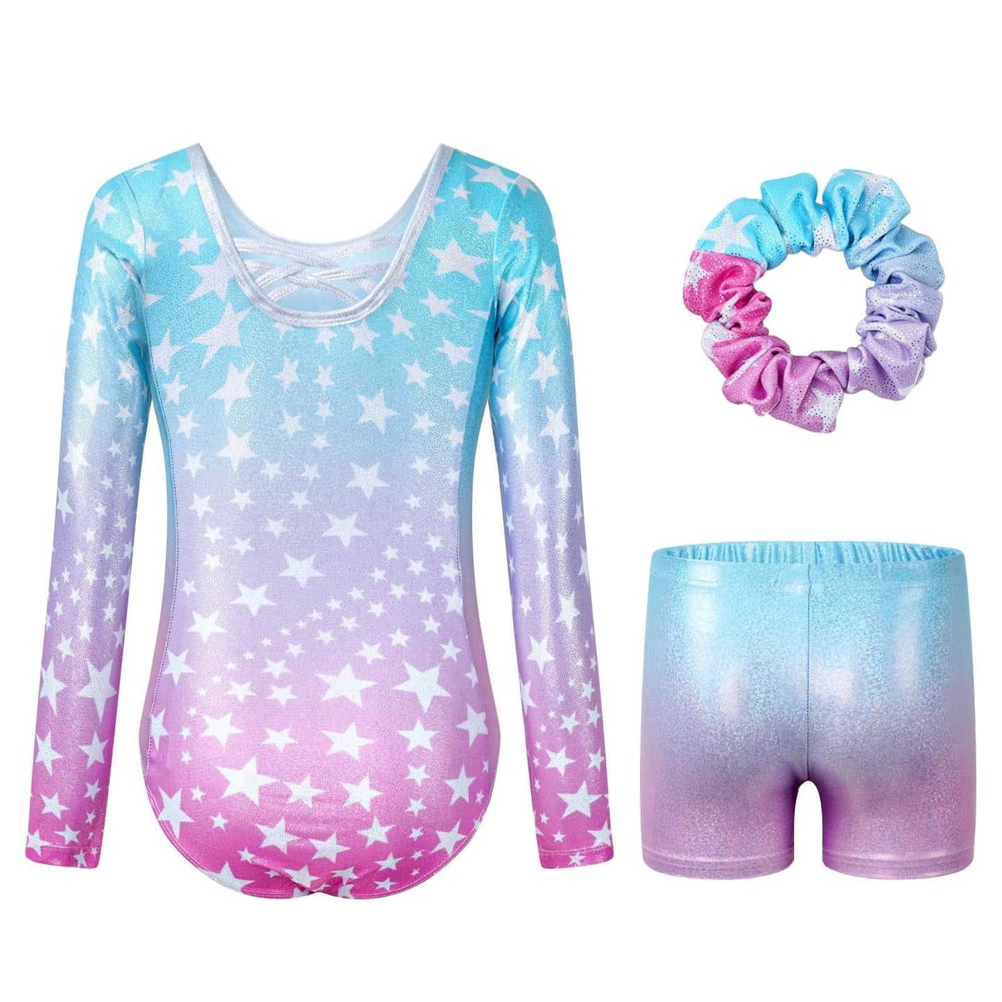 Gymnastics Leotards for Girls Cross Back,Long Sleeve Sparkly Dance Biketards with Shorts Ballet Outfit for 3-12 Years