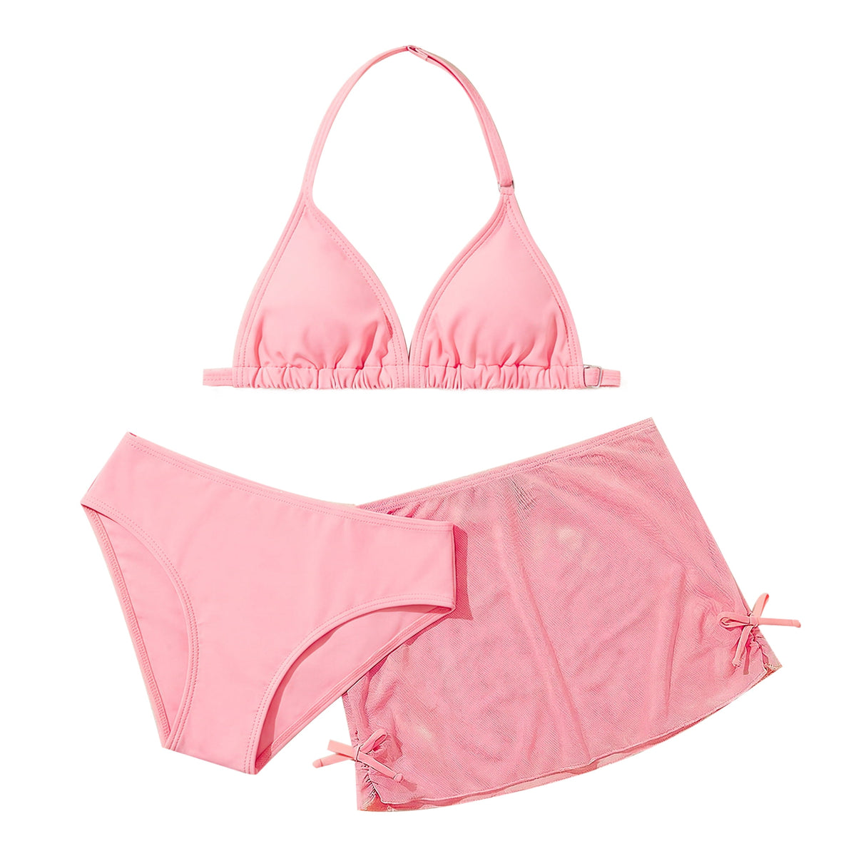 Girls Bikini Three-Piece Swimsuits High Waisted Bathing Suit Sheer Mesh Cover Up Skirt