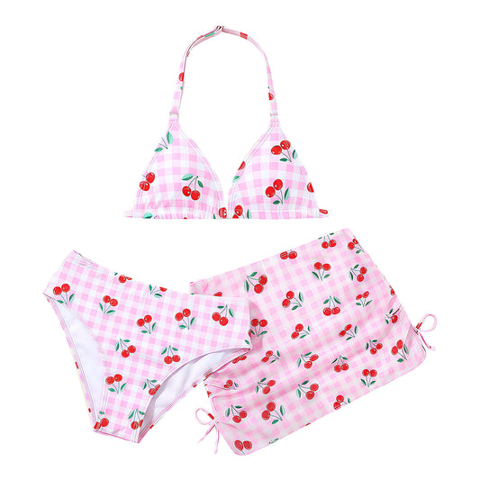 Girls Swimsuits with Cover Up Skirt 3 Piece Halter Triangle Bathing Suits Bikini Set for Size 5-13