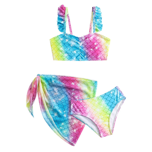 Girls Bathing Suits 3 Piece, Adjustable Ruffled Bikini Top, with Cover up Skirt Fish Scale Design for 8-12Y