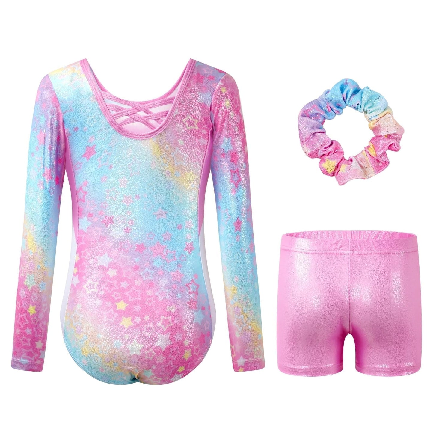 Gymnastics Leotards for Girls Cross Back,Long Sleeve Sparkly Dance Biketards with Shorts Ballet Outfit for 3-12 Years