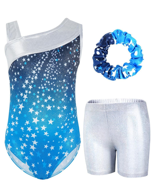 Gymnastics Leotards for Girls,Kids Glitter Stars Dance Unitards Biketards with Shorts,Y-Neck