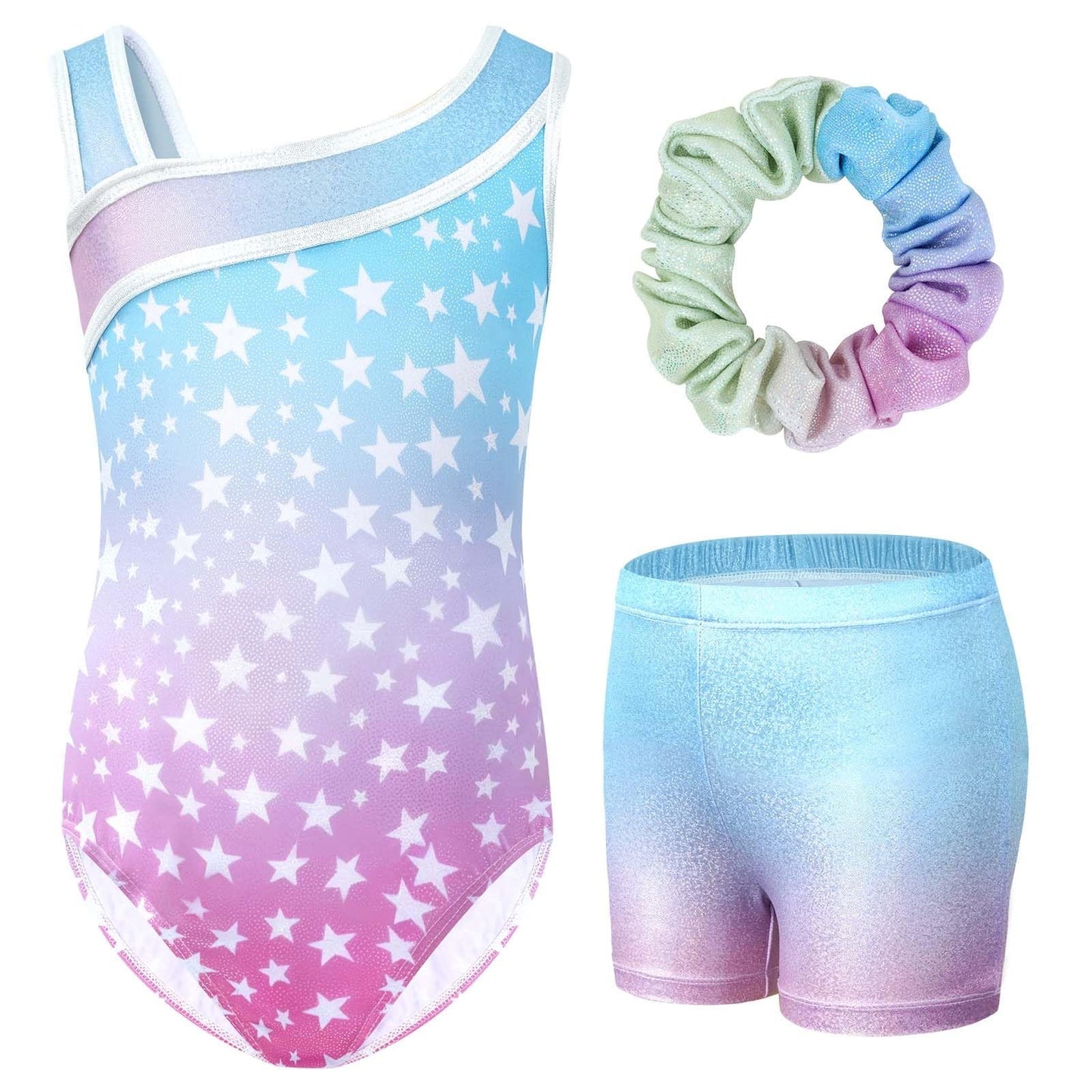 Gymnastics Leotards for Girls,Kids Glitter Stars Dance Unitards Biketards with Shorts,Y-Neck
