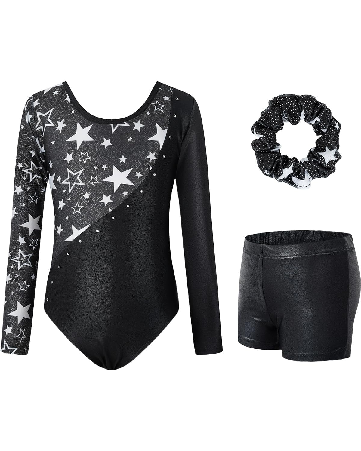 Gymnastics Leotards for Girls,Long Sleeve Rhinestone Kids Dance Unitards Biketards with Tumbling Dance Shorts