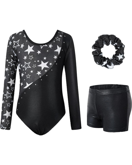 Gymnastics Leotards for Girls,Long Sleeve Rhinestone Kids Dance Unitards Biketards with Tumbling Dance Shorts