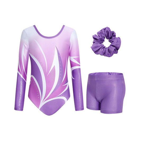 Gymnastics Leotards for Girls, Long Sleeve Sparkly Dancewear with Shorts Ballet Tumbling Outfit for 3-12 Years