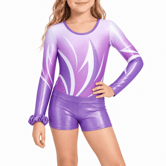 Gymnastics Leotards for Girls, Long Sleeve Sparkly Dancewear with Shorts Ballet Tumbling Outfit for 5-10 Years