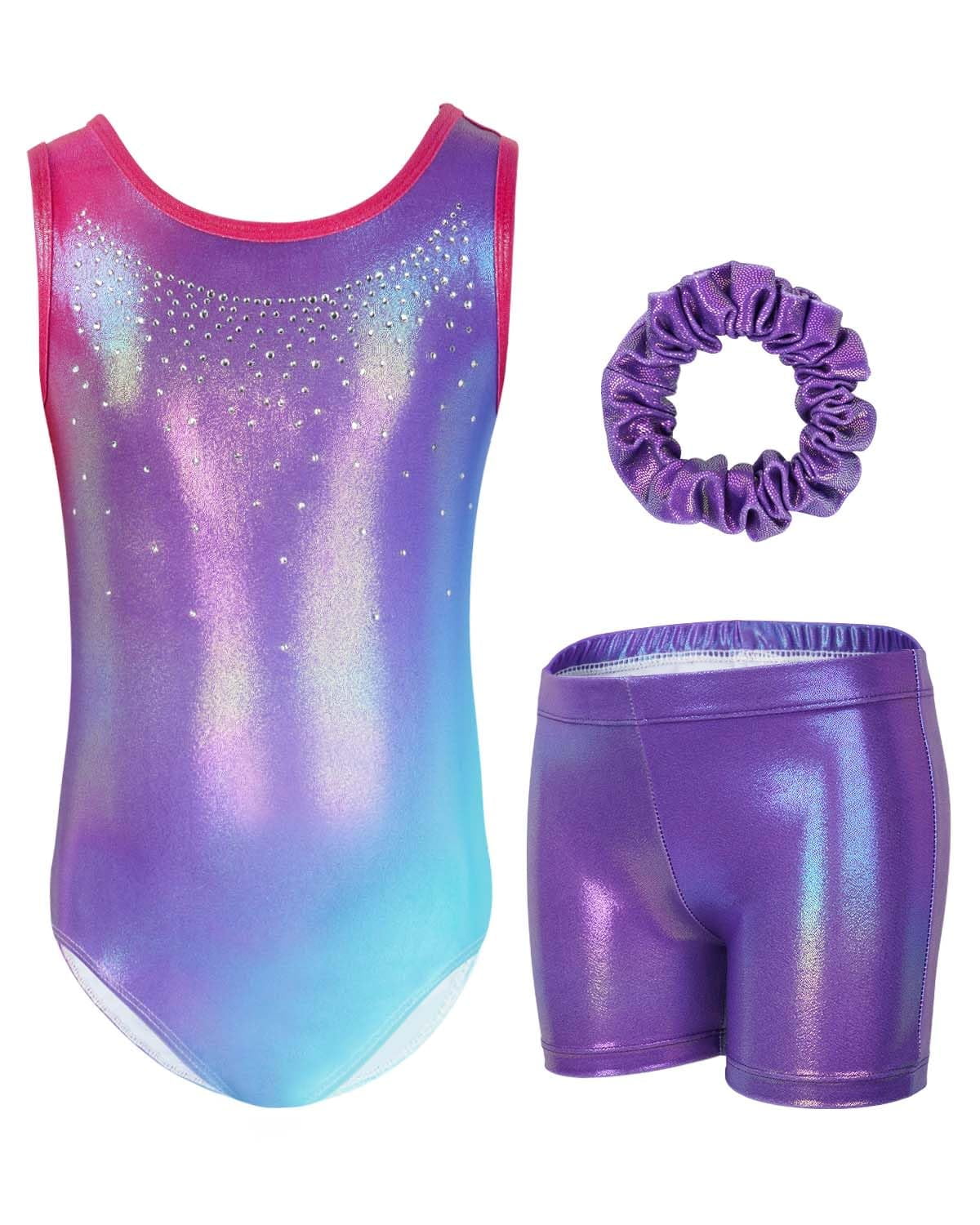 Gymnastics Leotards for Girls,Sleeveless Rhinestone Kids Dance Unitards Biketards with Shorts and Hair Scrunchie