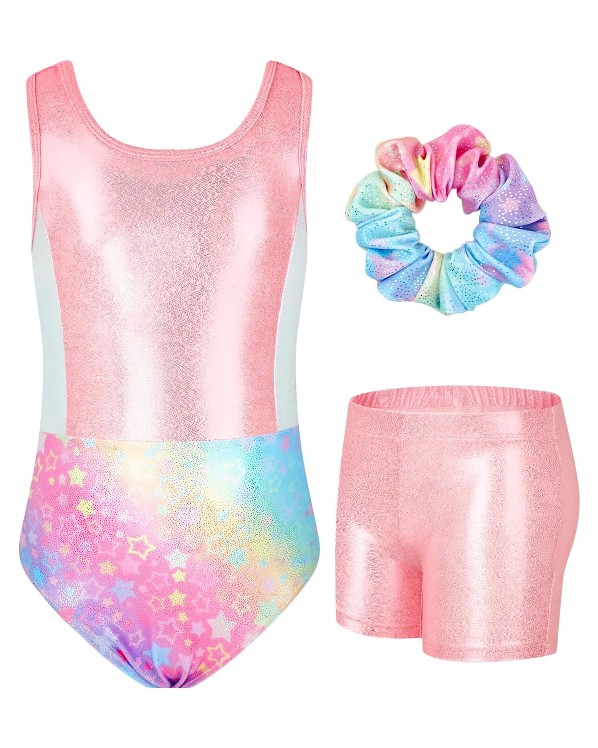 Gymnastics Leotards for Girls with Cross Back,Sparkly Dance Unitards with Shorts Biketards Outfit for 3-12 Years