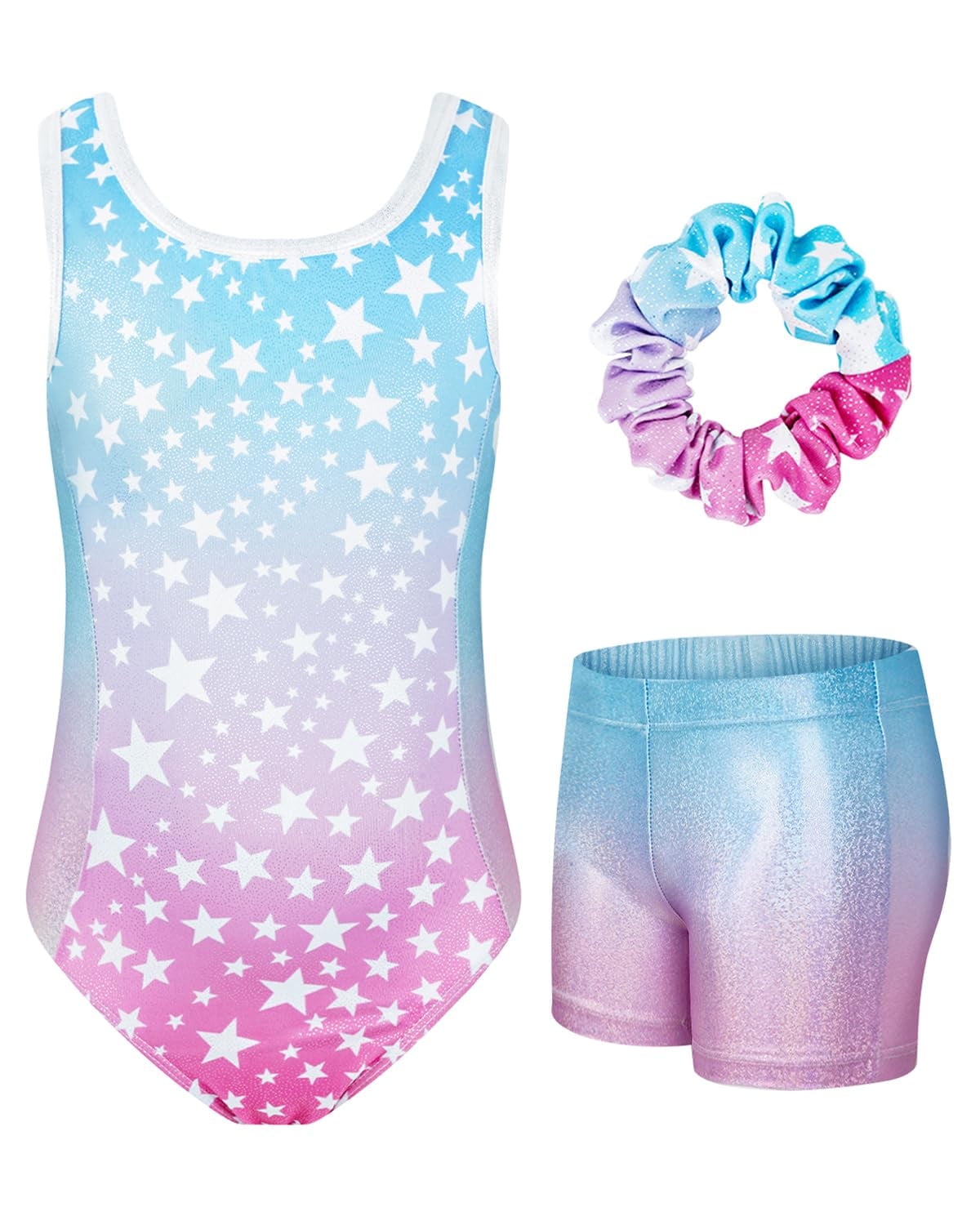 Gymnastics Leotards for Girls with Cross Back,Sparkly Dance Unitards with Shorts Biketards Outfit for 3-12 Years