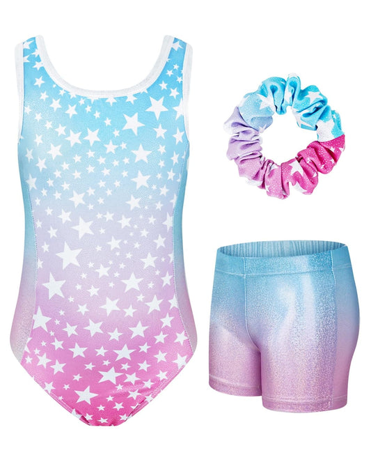 Gymnastics Leotards for Girls with Cross Back,Sparkly Dance Unitards with Shorts Biketards Outfit for 3-12 Years