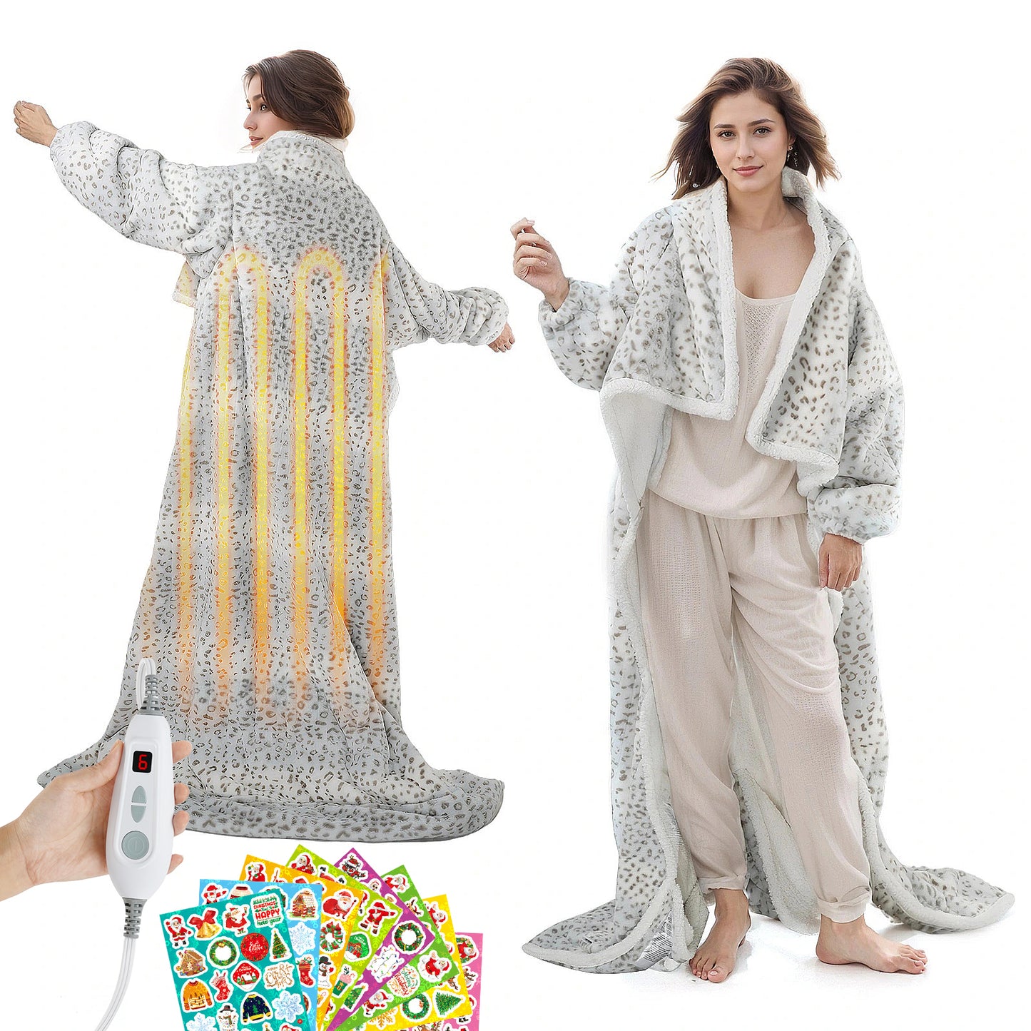 Ominelu Electric Heated Blanket - Wearable Heating Blanket Throw with Foot Pockets & Sleeves Flannel & Sherpa Wearable Blanket 6 Heating Levels & Timer Snuggle Blankets for Home/Office