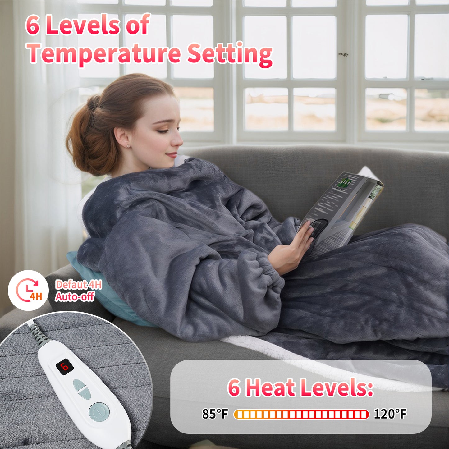 Ominelu Electric Heated Blanket - Wearable Heating Blanket Throw with Foot Pockets & Sleeves Flannel & Sherpa Wearable Blanket 6 Heating Levels & Timer Snuggle Blankets for Home/Office