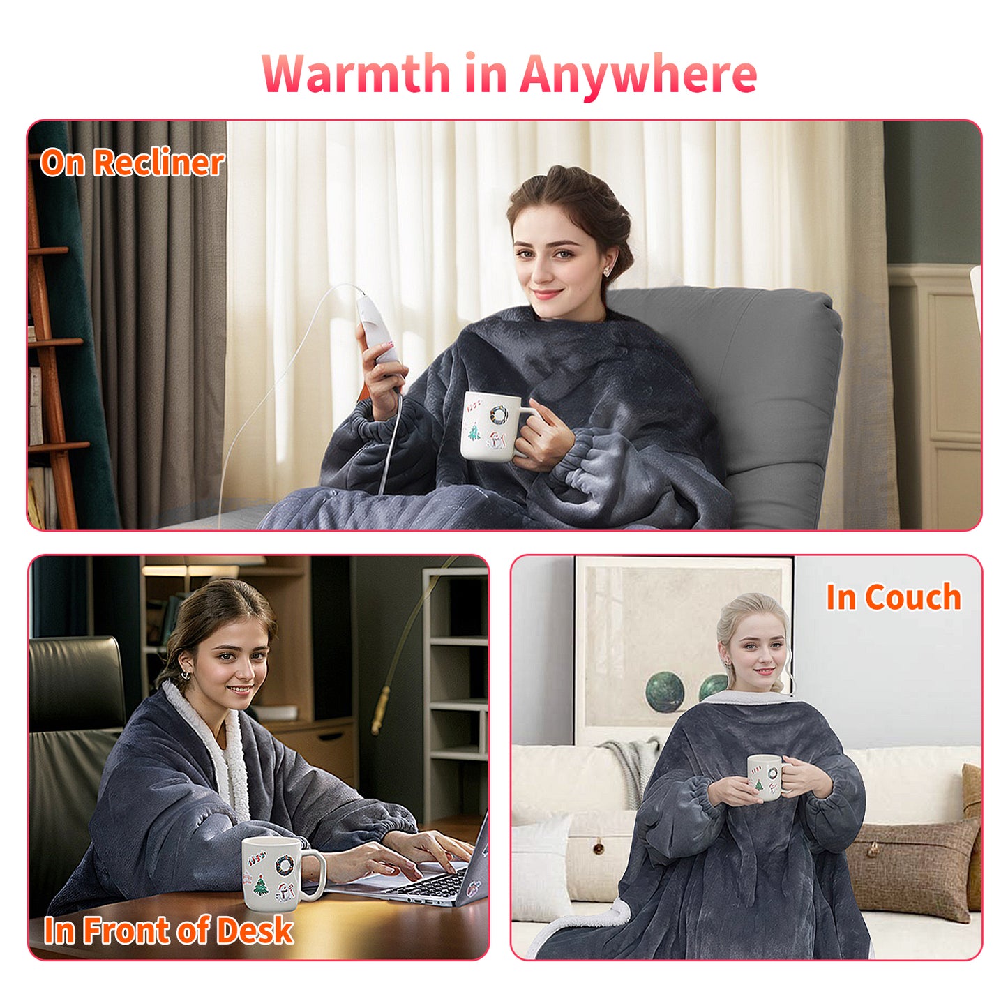 Ominelu Electric Heated Blanket - Wearable Heating Blanket Throw with Foot Pockets & Sleeves Flannel & Sherpa Wearable Blanket 6 Heating Levels & Timer Snuggle Blankets for Home/Office