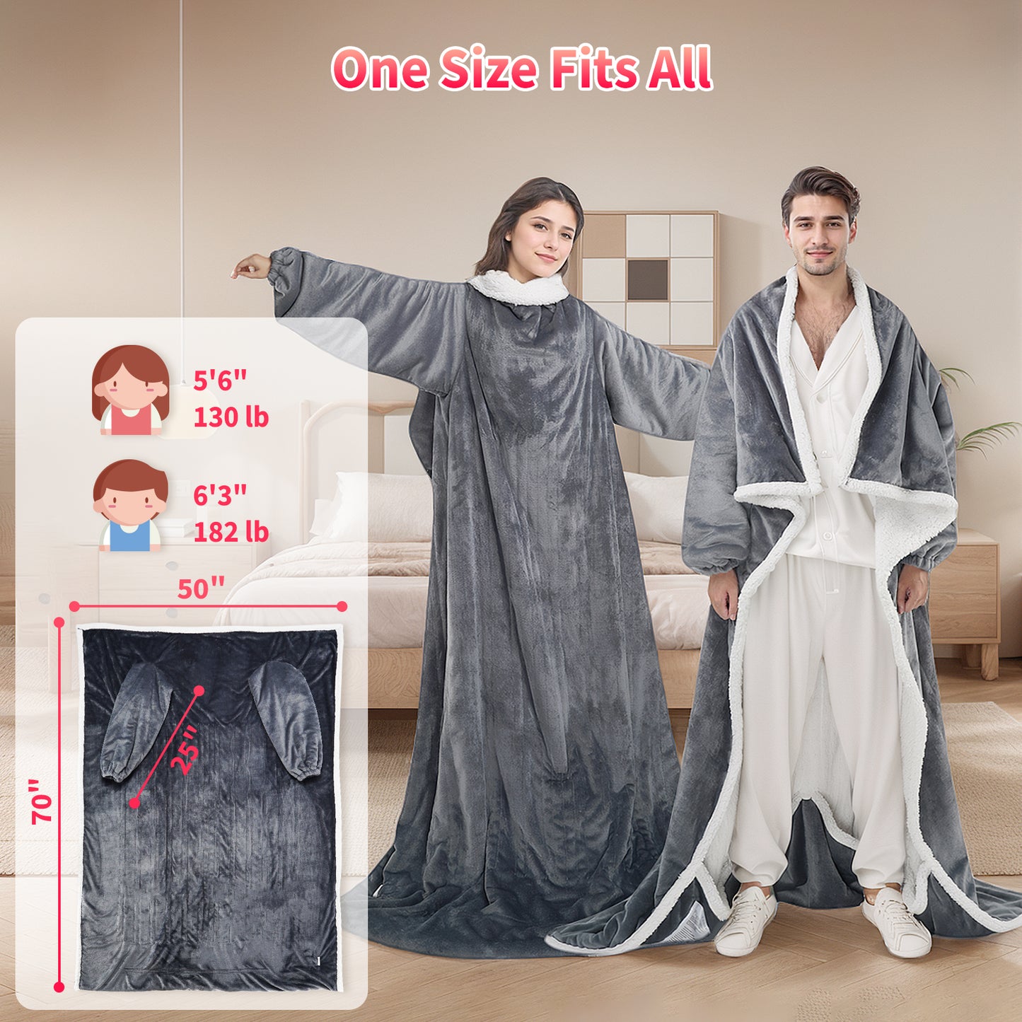 Ominelu Electric Heated Blanket - Wearable Heating Blanket Throw with Foot Pockets & Sleeves Flannel & Sherpa Wearable Blanket 6 Heating Levels & Timer Snuggle Blankets for Home/Office