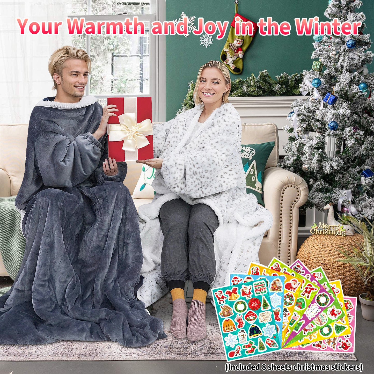 Ominelu Electric Heated Blanket - Wearable Heating Blanket Throw with Foot Pockets & Sleeves Flannel & Sherpa Wearable Blanket 6 Heating Levels & Timer Snuggle Blankets for Home/Office