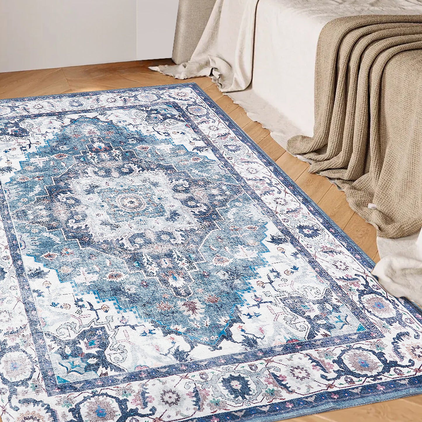 Washable Area Rug 3x5 Rugs for Living Room Retro Flowers Machine Non-Slip Bedroom Rug Vintage Trellis Throw Rug Distressed Carpet for Dining Room Office Carpet