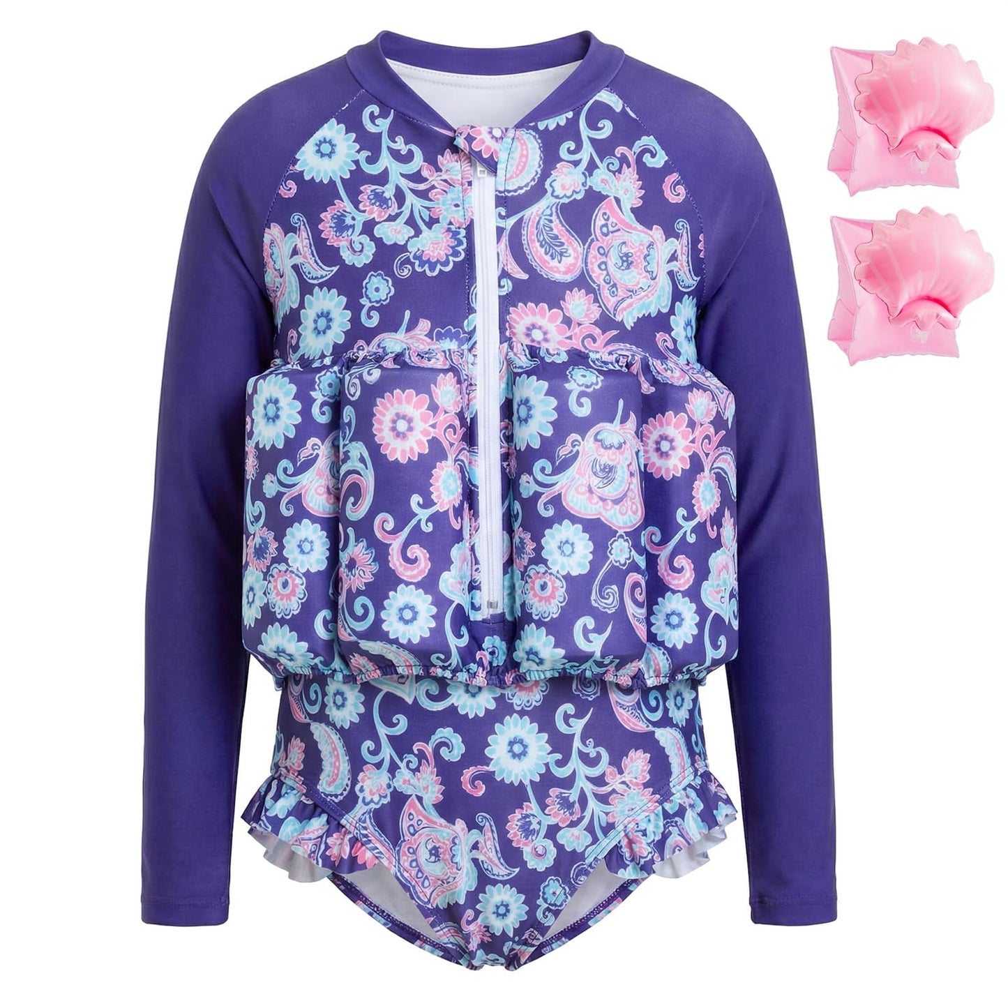 Koorium Baby Long Sleeve Floatation Swimsuit, Toddler Girl Boy Swim Trainer with Removable Foam & UPF 50+, Adjustable Buoyancy Bathing Suit for Pool Beach