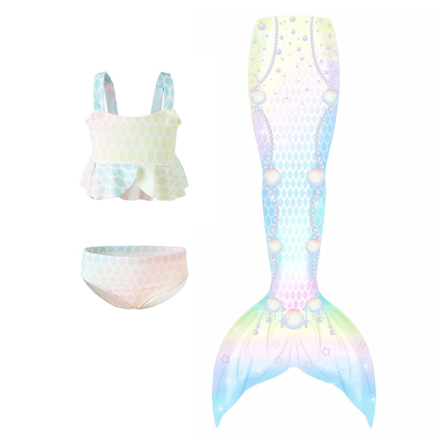 Kuleyang Girls Mermaid Bathing Suit 3PCS Cute Ruffle Tankini Swimsuits with Fish Tail Kids Beach Swimwear 4-13Y