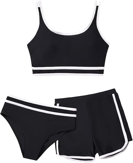 Kuleyang 3 Piece Girls Bikini Swimsuits with Shorts Sporty Girls Bathing Suits Size 10