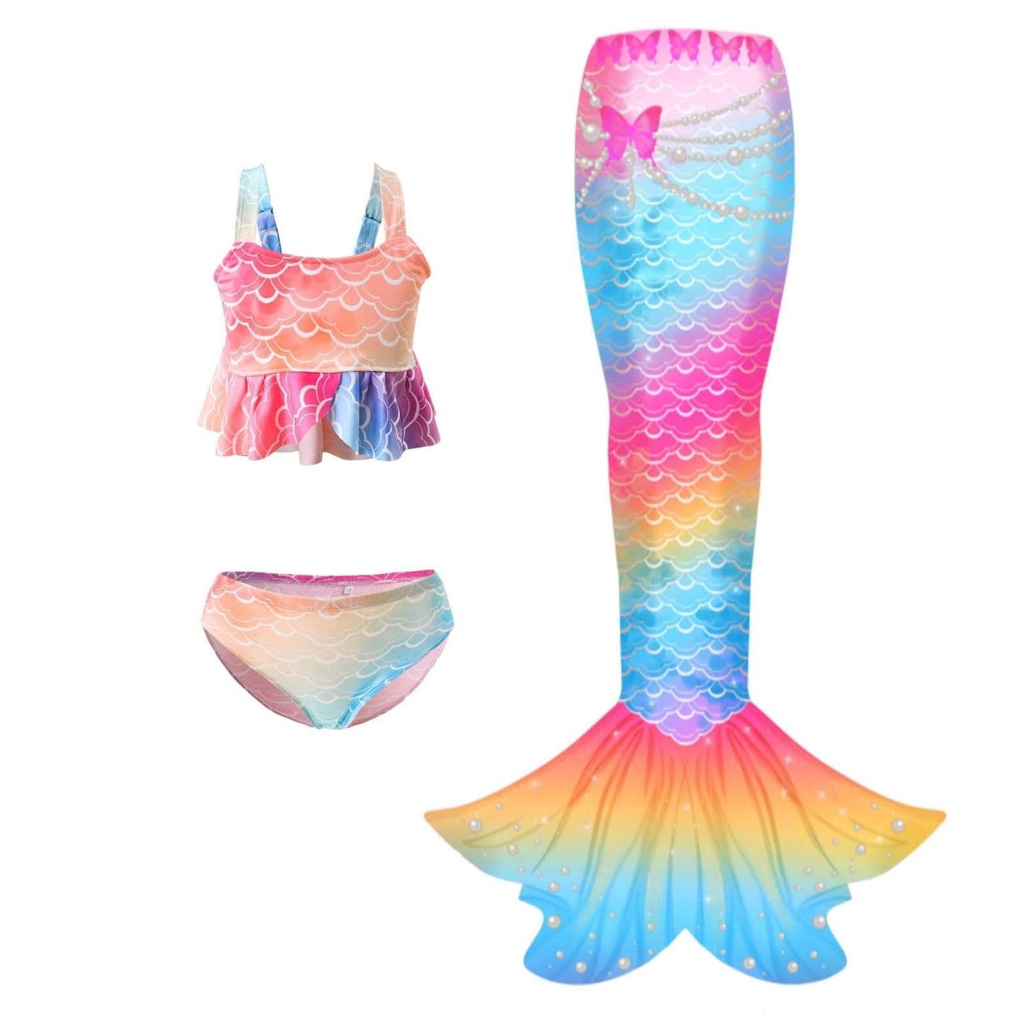 Kuleyang Girls Mermaid Bathing Suit 3PCS Cute Ruffle Tankini Swimsuits with Fish Tail Kids Beach Swimwear 4-13Y