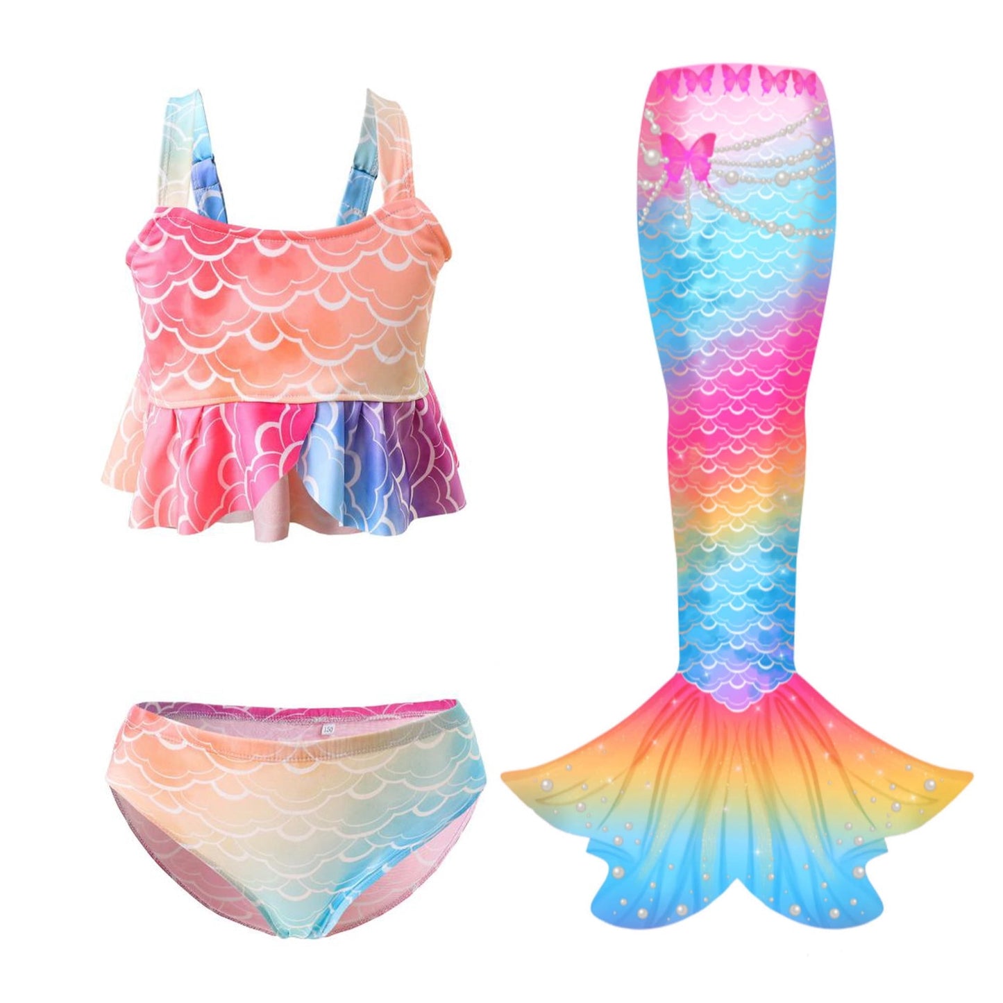 Kuleyang 3Pcs Girls Swimsuit Mermaid Tails for Swimming Tankini Bathing Suit Set 4-13 Years