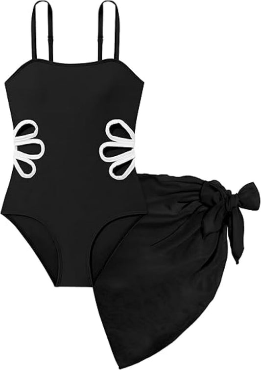 Kuleyang Girls Swimsuit Quick Dry Girls' One-Piece Swimwear Adjustable Straps Cut Out Bathing Suit with Solid Color Cover Up Skirt Girls' Swimwear