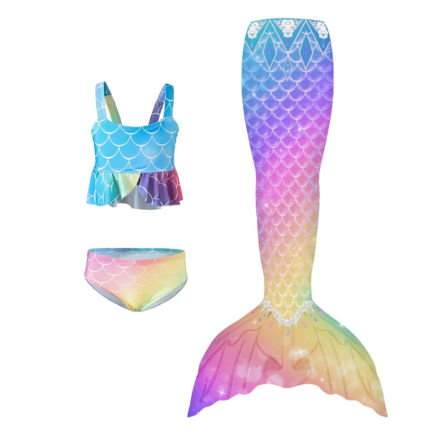 Kuleyang Girls Mermaid Bathing Suit 3PCS Cute Ruffle Tankini Swimsuits with Fish Tail Kids Beach Swimwear 4-13Y