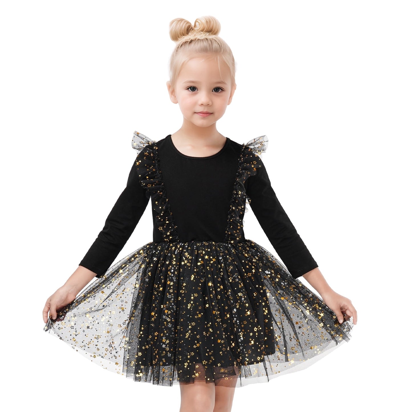 Toddler Girls Christmas Dresses Tutu Long Sleeve Velvet Tulle Fall Winter Princess Star Sequin Ruffle Holiday Party Birthday Xmas Dresses Black 4T(100)