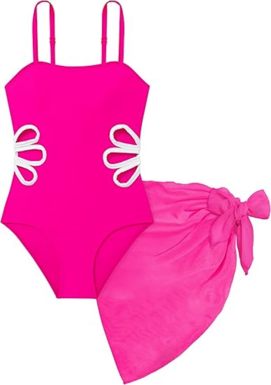 Kuleyang Girls Swimsuit One-Piece Swimwear Adjustable Straps Cut Out Bathing Suit with Cover Up Skirt Swimsuit for Girls