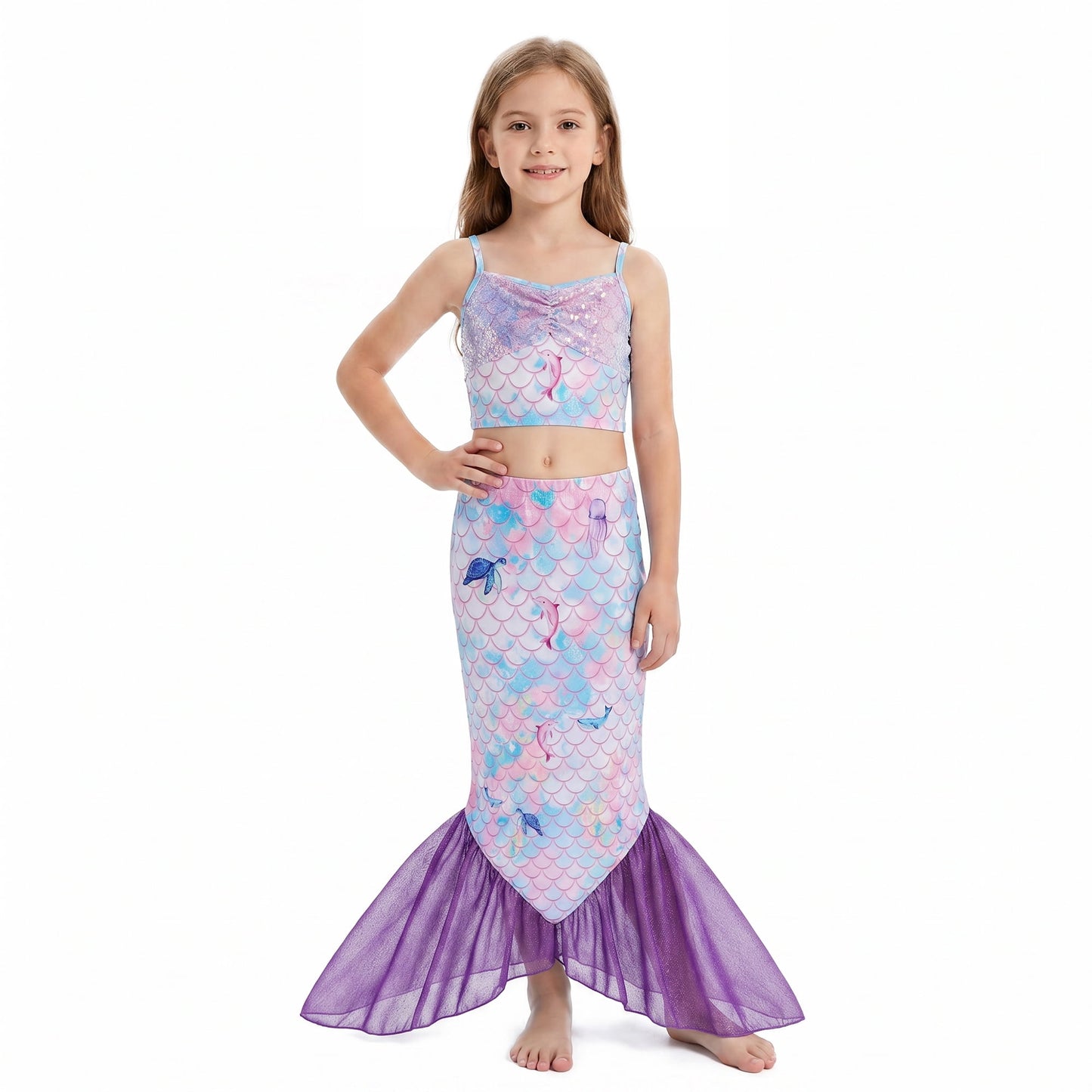 Girls Mermaid Swimsuit 3 Piece with Shimmering Scale Top, Bikini Bottom & Removable Fishtail Tulle Skirt Size 8Y